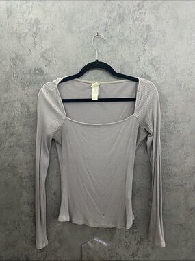 H&M Light Gray Ribbed Square-Neck Long Sleeve Top